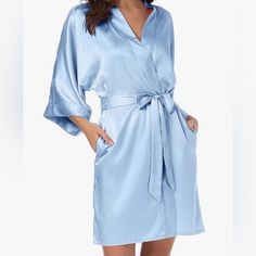 Brand New - Sioro Women's Satin Robe Silk Kimono Bathrobe For Bride Bridesmaids Wedding Party Loungewear Short - Light Sky Blue Elegant Blue Robe For Wedding Night, Silk Bathrobe, Kimono Bathrobe, Robe Silk, Light Blue Wedding, Bridesmaid Colors, Light Sky Blue, Wedding Plan, Fashion Vocabulary