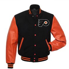 Philadelphia Flyers Black and Red Varsity Jacket - NHL Varsity Jacket Leather Varsity Jacket Features: leather varsity jacket that doesn't comply with anyone else's fashion. A varsity jacket that gives you comfort, style, and affordability in price. Undoubtedly this look of this classic varsity jacket is getting to be widespread in high school teams and senior classes of 2021-2020 students, baseball teams, football teams, cheerleaders, men and women. Indeed the look and feel of this varsity jack Black And Red Varsity Jacket, Orange Varsity Jacket, Eddie Aesthetic, Red Varsity Jacket, Philadelphia Flyers Logo, Vintage Biker Jacket, Leather Sleeve Jacket, Vintage Varsity Jacket, Cafe Racer Leather Jacket