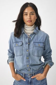 Casual Denim Tops For Layering, Trendy Washed Blue Shirt For Everyday, Denim Blue Tops For Layering, Light Wash Denim Top For Fall, Everyday Light Wash Denim Top For Fall, Light Wash Denim Top For Everyday Fall Wear, Casual Light Wash Denim Top For Everyday, Denim Tops For Layering, Light Indigo Tops With Pockets For Everyday