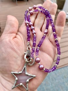 Amethyst Necklace Star Pendant Necklace Pearl Necklace - Etsy Puerto Rico Unique Handmade Star Necklace, Purple Spiritual Necklace With Large Pendant, Spiritual Purple Necklace With Large Pendant, Purple Necklace With Pearl Pendant, Handmade Purple Pendant Charm Necklace, Purple Pearl Pendant Necklace, Unique Star-shaped Necklace For Gift, Unique Star-shaped Gift Necklace, Silver Beaded Necklace With Star Charm As Gift