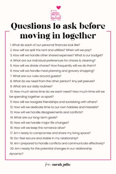 Living with your partner is SUCH a big milestone - are you ready?? This is the COMPREHENSIVE guide to understanding if you're ready to move in with your partner!! Ask ALL these questions before you move in! Future With You, Questions Before Moving In Together, Important Questions To Ask Your Partner, Couple Moving In Together, Moving In With Your Boyfriend, Before Moving In Together, Living Together Before Marriage, Relationship Milestones, Move In Together