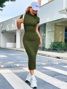 Solid Mock Neck Bodycon Dress Army Green Casual  Short Sleeve Knitted Fabric Plain Fitted Slight Stretch  Women Clothing, size features are:Bust: ,Length: ,Sleeve Length: Long Fitted Dress Casual Simple, Mid Length Bodycon Dress Casual, Green Ribbed Bodycon Dress, Robe Chuc, Bodycon Dress Curvy Body Con, Slim Fit Dress Casual, Thick Fit Dresses, Bodycon Dress With Air Force 1, Longsleeve Bodycon Dress Green