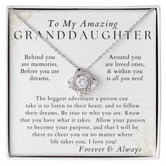 This pendant necklace makes a great: Christmas gift for your granddaughter, birthday gift for her, Valentine's Day or graduation gift for your granddaughter The unique message card included in the jewelry box reads: To My Amazing Granddaughter, If I could give you just one thing, it would be to see yourself through my eyes. Then you should see how awesome you are. You are strong, you are brave, and you will succeed. Follow your dreams and believe in yourself, for I will always be in your corner Valentine's Day Birthday Gift Wrapped Jewelry, Mother's Day Birthday Gift Wrapped Necklace, Gift-wrapped Necklace For Birthday On Mother's Day, Round Jewelry Gift With Box, Gift Wrapped Jewelry For Valentine's Day, Mother's Day Gift Necklace With Hallmark, Mother's Day Jewelry Gift, Father's Day Necklace With Gift Box, Mother's Day Gift-wrapped Necklaces