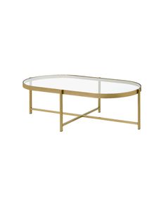 an oval glass coffee table with gold frame and metal legs, against a white background