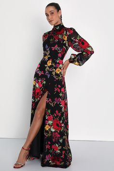 Graceful Arrival Black Floral Burnout Backless Maxi Dress Velvet Evening Dress Maxi, Evening Party Dress Floral, Long Sleeve Dresses To Wear To A Wedding As A Guest, Aline Dress Formal Floral, Long Dresses Casual Maxi Classy, Floral Dress For Fall Wedding, Wedding Guest Dress Fall Long Evening Gowns, Womens Long Formal Dresses, Formal Long Dresses For Wedding Guest