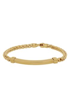 A square ID plaque centers this handsome woven chain bracelet handcrafted in Italy from 14-karat gold. 8 1/4" length; 1/8" width 14k gold Made in Italy Classic Formal Rectangular Chain Bracelet, Formal Box Chain Bracelet With Rectangular Shape, Formal Box Chain Bracelet With Rectangular Links, Yellow Gold Jewelry With Jubilee Bracelet And Rectangular Shape, Gold Rectangular Chain Bracelet For Formal Occasions, Luxury Rectangular Gold Bracelet, Formal Gold Bracelet With Solid Link Construction, Rectangular Yellow Gold Bracelet For Formal Occasions, Formal Rectangular Box Chain Bracelet