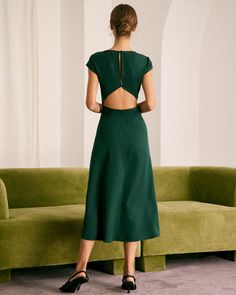 The Green Boat Neck Cutout Back Midi Dress & Reviews - Green - Dresses | RIHOAS Rihoas Green Dress, Cutout Midi Dress, Green Dresses, Green Midi Dress, Perfect Wardrobe, Out Back, Evening Attire, Flowing Maxi Dress, Glamorous Evening Gowns