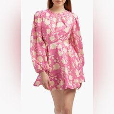 Bardot Nada Floral Open Back Long Sleeve Minidress Hot Pink Floral Size 6 Long Sleeve Polka Dot Floral Dress, Fitted Silk Polka Dot Dress, Pink Long Sleeve Silk Mini Dress, Fitted Feminine Polka Dot Dress, Feminine Fitted Polka Dot Dress, Fitted Polka Dot Feminine Dress, Spring Polka Dot Mini Dress, Spring Silk Polka Dot Dress, Silk Polka Dot Spring Dress