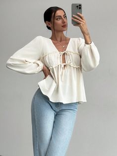 Romantic Date V-Neck Tie-Up Ruched Flare Sleeve Loose Blouse For Women,Long Sleeve Tops Apricot Casual  Long Sleeve Fabric Plain Peplum Non-Stretch  Women Clothing, size features are:Bust: ,Length: ,Sleeve Length: Women Dresses Casual Summer, Satin Pj Set, Loose Blouse, Casual Summer Dresses, Casual Shoes Women, Flared Sleeves, Summer Dresses For Women, All Fashion, Women Clothing