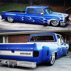 two pictures of the same blue truck in different stages of being painted and then showing it's paint job