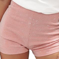 Brand New, Never Worn! Small Waist: 27" Hips: 36"-38" Length (From Waist): 12" Medium Waist: 28" Hips: 36.5"-41" Length (From Waist): 12.5" 20% Cotton, 80% Polyester Color: Light/Soft Pink With Silver Studs Fitted Shiny Short Bottoms, Stretch Shiny Short Bottoms, Glamorous Shiny Summer Bottoms, Metallic Shimmer Bottoms For Summer, Metallic Shimmer Summer Bottoms, Shiny Summer Bottoms Shorts, Shiny Stretch Bottoms For Summer, Silver Stretch Bottoms Short Length, Metallic Sequined Bottoms For Summer