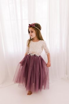 Lilac Purple Tulle Two Piece Skirt White Lace Flower Girl | Etsy Sequins Wedding Gown, Purple Flower Girls, Lace Flower Girl Dress, Beach Wedding Gown, Tulle Wedding Gown, Boho Beach Wedding, Flower Girl Dress Lace, Dress Cake, Lace Flower