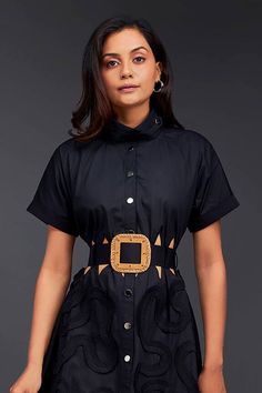 Black A-line button down dress with waist cutouts and placed pleated frill detailing. Paired with a plain belt with large buckle. - Aza Fashions Necklines For Dresses, Button Down Dress, Dress For Women, Women Dresses, Aza Fashion, No Frills, Black Cotton, Dresses Online, Dresses Midi