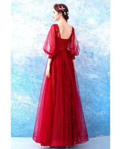 Buy Beautiful Red Sequin Wedding Party Dress With Flare Sleeves at wholesale price online. Free shipping and pro custom service since 2009. Red A-line Gown For Party, Red Evening Dress For Banquet During Prom Season, Red A-line Ball Gown For Formal Occasions, Long Sleeve Red Dress With Sweep Train, Holiday A-line Wedding Gown, Red Long Sleeve Dress With Sweep Train, Elegant Red Long Sleeve Ball Gown, Elegant Long Sleeve Red Ball Gown, Red Long Dresses For Banquet