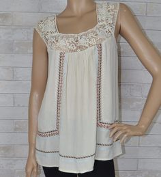 Love Stitch Blouse Scoop Neck Lace Front Embroidered Tank - Debra's Passion Boutique - 1 Beige Bohemian Crochet Top With Lace Trim, Embroidered Off White Summer Tops, Off White Embroidered Summer Tops, Beige Bohemian Peasant Top For Vacation, Beige Bohemian Peasant Top For Beach, Bohemian Cream Cotton Top, Casual Embroidered Top With Lace Trim For Summer, Sleeveless Beige Blouse With Lace Trim, Bohemian Cream Lace Top With Crochet Trim