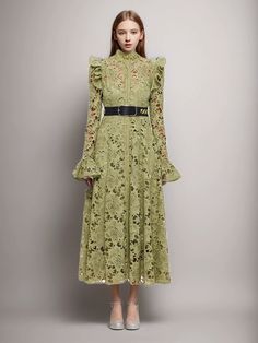 specification Spring Long Sleeve Embroidered Dress With Ruffles, Green Long Sleeve Dress With Lace Patchwork, Spring Embroidered Knee-length Lace Dress, Elegant Green Embroidered Long Sleeve Dress, Elegant Long Sleeve Green Embroidered Dress, Spring Green Lace Midi Dress, Fall Midi-length Dress With Lace Patchwork, Fall Midi Length Dress With Lace Patchwork, Elegant Fall Embroidered Midi Dress