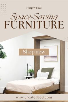 a bed frame with the words space saving furniture shop now on it and an image of a