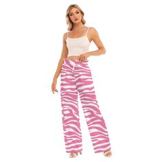 Pink Zebra All-Over Print Women's  Wide-leg Pants with drawstring tie  Printed with high-quality prints, this wide-leg pants will become a fashionable dress in your wardrobe soft comfortable lounge pants to snuggle up in  ● Fabric: 95% polyester and 5% spandex ● Regular fit ● Waist fungus edge with elastic band ● Fabric weight: 230g/m² ● Stitch Color: black or white, automatically matched based on patterns. ● Average Lead Time: 2-4 business days（The first month delivery of new products is about Trendy Beach Pants With Drawstring, Trendy Drawstring Pants For The Beach, Casual White Tie-side Bottom Pants, Casual White Pants With Tie-side Bottom, Casual White Tie-side Pants, Stretch Printed Tie-side Bottoms, Pink Leisure Pants For Summer, Casual Wide Leg Bottoms With Zebra Print, Pink Summer Sweatpants With Drawstring