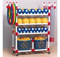 a toy shelf with baskets and balls on it