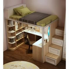 there is a loft bed with stairs to the top and desk below it, in front of a bookshelf