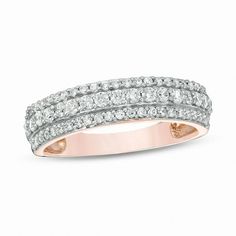 This 1/2 ct. t.w. diamond multi-row anniversary band is fashioned in 10K rose gold. Wide Diamond Wedding Bands, Engagement Ring Wraps, Anniversary Bands For Her, Eternity Band Stack, Gold Band Wedding Ring, Anniversary Rings For Her, Diamond Stacks, Peoples Jewellers, Wedding Rings Rose Gold