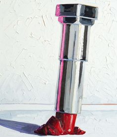 a painting of a pink and black pole on the ground in front of a white wall