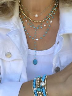 Beaded necklace. Layering necklace. Turquoise necklace. Neckstack. Socal Style, Necklace With Pearl, Necklace Layering, Necklace Turquoise, Onyx Bead, Necklace Gemstone, Layering Necklace, Lariat Necklace, Turquoise Color