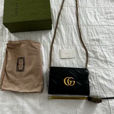 New Black Gucci Shoulder Bag With Plenty Of Wallet And Card In The Interior. Gold Gucci Bag For Formal Occasions, Gucci Evening Bag With Removable Pouch, Classic Gucci Wallet On Chain For Evening, Gucci Gold Wallet On Chain For Evening, Gold Gucci Wallet On Chain For Evening, Designer Wallet On Chain For Everyday Use, Luxury Wallet On Chain With Branded Hardware For Travel, Gucci Luxury Wallet On Chain For Formal Events, Gucci Leather Shoulder Bag Perfect For Gifts