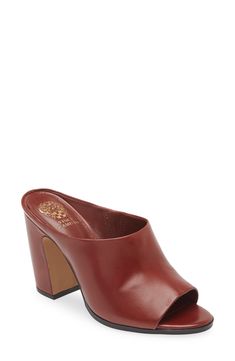 Show off your pedi in this open-toe mule elevated with a curving block heel. 3 1/2" heel Leather upper/synthetic lining/rubber sole Imported Block Heel Mule, Fashion High Heels, Show Off, Vince Camuto, Mule, Block Heels, Open Toe, Rubber Sole, Leather Upper