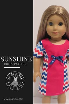 the doll is wearing a pink dress with blue and white chevrons on it