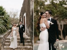 the bride and groom are posing for pictures in front of some stone steps with palm trees