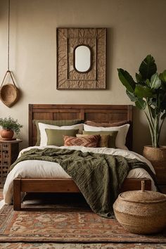 a bedroom with a bed, rugs and potted plants