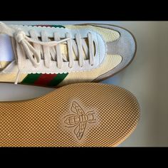 Brand New Men’s Gucci Shoes, 100% Authentic, Worn Once Out Of The Store. Comes With Box, Bags, Ribbon And Lace Emblems. Fits A Size 10.5 Us Mens Designer Leather Sneakers With Rubber Waffle Outsoles, Designer Sneakers With Rubber Waffle Outsoles And Round Toe, Gucci Luxury Custom Sneakers With Rubber Sole, Luxury Gucci Sneakers With Rubber Sole, Gucci Yellow Sneakers For Streetwear, Gucci Yellow Streetwear Sneakers, Yellow Gucci Sneakers For Streetwear, Gucci Designer Custom Sneakers With Contrast Sole, Gucci Yellow Leather Sneakers