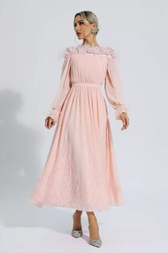 Chic Long Sleeve Dresses With Feathers, Pink Chiffon Long Sleeve Midi Dress, Pink Long Sleeve Dress With Feather Trim, Pink Midi Dress With 3/4 Sleeves For Party, Bohemian Pink Dress With 3/4 Sleeves, Bohemian Pink 3/4 Sleeve Dress, Pink Victorian Dress With Ruffles And Long Sleeves, Silver Sequin Top, Glitter Wedding Dress