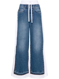 white/blue cotton washed denim panelled design logo patch to the rear contrasting trim contrast stitching drawstring waist high-waisted wide leg classic five pockets Trim Contrast, Yoko London, Contrasting Trim, City Dress, Wide Jeans, Airport Fashion, Denim Details, Summer Beach Wear, Shorts Skirts