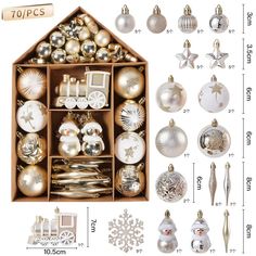 christmas ornaments are displayed in a wooden box with measurements for each ornament set