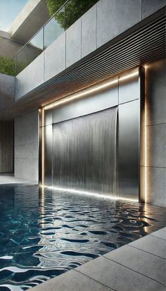 an indoor swimming pool with water flowing from it's sides and lights on the side