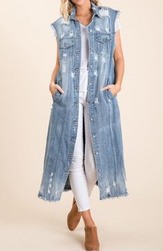 Denim Duster, Sleeveless Jean Jackets, Vest Denim, Destroyed Denim, Long Vests, Grey Outfit, Distressed Denim Jacket, Vest Coat, Favorite Dress