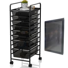 a large black cart with many drawers on it