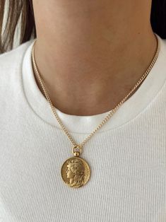 14k gold filled chain, 18in with vintage gold coin Gold Coin Necklace Layered, Cheap Round Pendant Coin Necklace For Gift, Gold Coin Pendant Necklace, Vintage Tarnish-resistant Chain Necklace With Round Pendant, Vintage Yellow Gold Coin Necklace, Tarnish Resistant, Vintage Brass Chain Necklace Tarnish Resistant, Vintage Yellow Gold Tarnish Resistant Medallion Necklace, Vintage Tarnish Resistant Brass Chain Necklace, Vintage Yellow Gold Tarnish-resistant Medallion Necklace