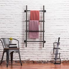 Gray Wood & Industrial Metal Pipe Wall Mounted Towel Ladder Rack - MyGift Hanging Ladder, Wood Storage Shelves, Towel Ladder, Quilt Rack, Ladder Rack, Wood Ladder, Blanket Ladder, Towel Holder Bathroom, Industrial Pipe