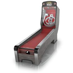 an old fashioned arcade game machine with red and silver trimmings on the front