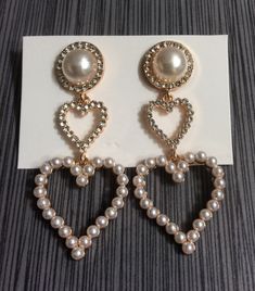 "Brand new beautifully designed dangle/drop women's pierced stud earrings, made with crystals & pearls. handmade to perfection and ready to be cherished & enjoyed. 2 3/4\" length, 1 1/8 width. please check-out our etsy store, as many more unique items are awaiting your viewing there." Heart-shaped Metal Earrings For Wedding, Heart-shaped Earrings For Mother's Day Party, Heart Earrings For Mother's Day Party, Mother's Day Heart Earrings For Party, Elegant Double Heart Earrings For Party, Mother's Day Double Heart Earrings For Party, Pearl Charm Dangle Chandelier Earrings For Party, Metal Heart Earrings With Matching Pair For Wedding, Elegant Dangle Heart Earrings For Party