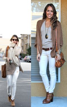 White Pants Outfit, The Cardigans, White Jeans Outfit, White Pants, Ladies Tops Fashion, Fall Winter Outfits, Outfits Casuales, Brown Boots, Fashion Tops