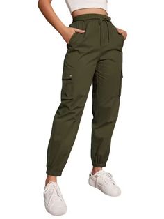 Sku CY-!162934 Material 95% Polyester , 5%Spandex Style High Waisted Feature Pockets , Tied Waist , Elasticity , Split-joint , Solid Color Occasion Casual , Leisure Fashion Seasons Spring , Summer , Autumn Type Cargo Pants , Trousers Color BLACK,KHAKI,ARMY GREEN Size S,M,L,XL,2XL Please consult the size chart we provide for this item's measurements to help you decide which size to buy.Please note: There may be 1-3cm differ due to manual measurement. CMINCH Waist Hips Bottom Length S 64 96 100 M Fitted Khaki Parachute Pants With Side Pockets, Military Style High Waist Khaki Parachute Pants, Military Style High Waist Parachute Pants In Khaki, Fitted Green Bottoms For Outdoor Activities, Fitted Green Cargo Bottoms, Fitted Green Cargo Style Bottoms, Fitted Khaki Utility Parachute Pants, Green Fitted Casual Parachute Pants, High Waist Green Utility Cargo Pants