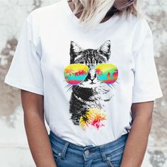 New Funny Cat Casual Short Sleeve Kawaii Cats White Tshirt L0144 Kawaii Summer Tops With Cat Design, Funny Van Gogh, The Titanic Movie, Titanic Funny, Cats White, Kawaii Cats, Titanic Movie, Funny Summer, Summer T Shirts