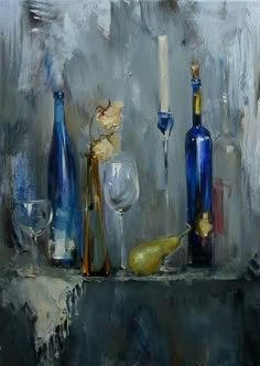 a painting of bottles and glasses on a table