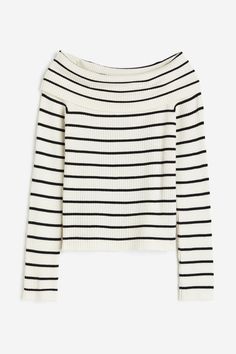 Fitted  off-the-shoulder top in a soft rib knit. Foldover upper edge and long sleeves. Trendy Off-shoulder Ribbed Sweater, Spring Boat Neck Knit Top, Spring Knit Boat Neck Top, Winter Ribbed Off-shoulder Tops, Chic Off-shoulder Top For Spring, Ribbed Off-shoulder Winter Tops, H&m Knit Tops For Fall, White Knit Off-shoulder Tops, White Off-shoulder Knit Top