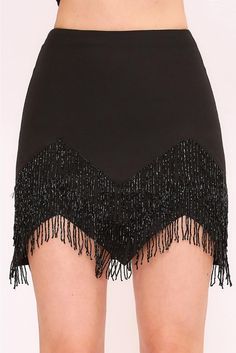 Boogie down in this jewel-encrusted fringe skirt. Move and shake in style with this sleek black skirt that's adorned with sparkly gems. Bedazzle the crowd with your funky moves! Black Woven Lined High-low hem Jewel fringe Zipper closure Black Fringe Skirt For Party, Black Fringe Mini Skirt For Spring, Black Tassel Skirt, Crystal Fringe Skirt, Bohemian Black Fringe Skirt, Jewel Encrusted, Black Jewel, Black Weave, Fringe Skirt