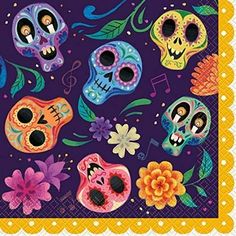 a paper napkin with colorful skulls and flowers on it's edges, in the shape of masks